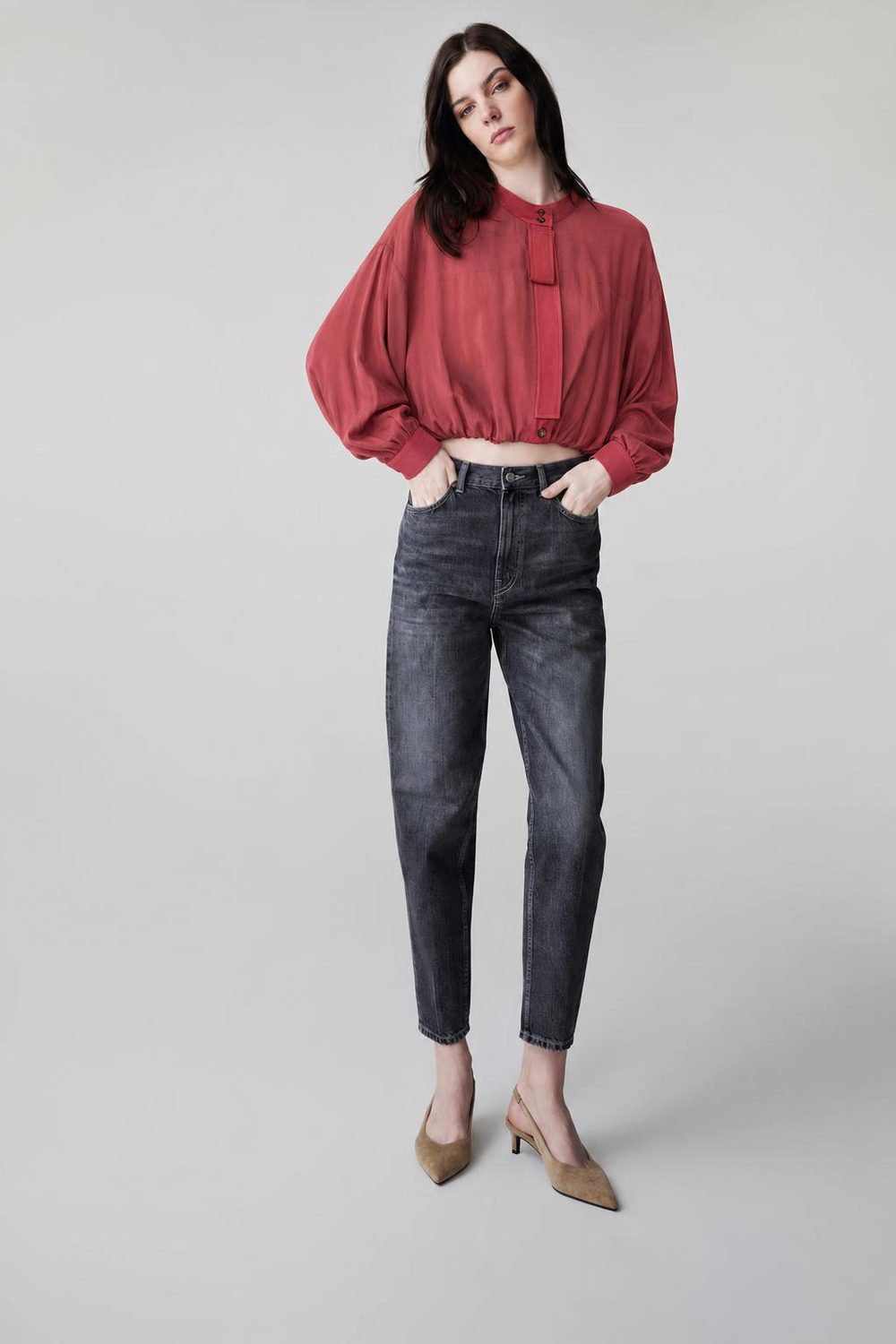 High-Neck Balloon Blouse — On model