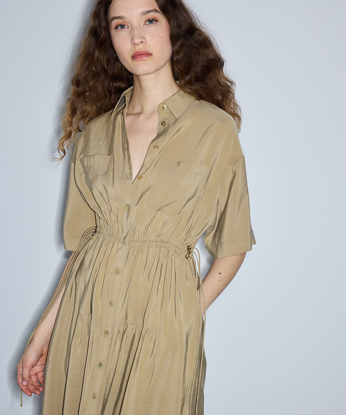 Adjustable Cinch-Waist Shirt Dress