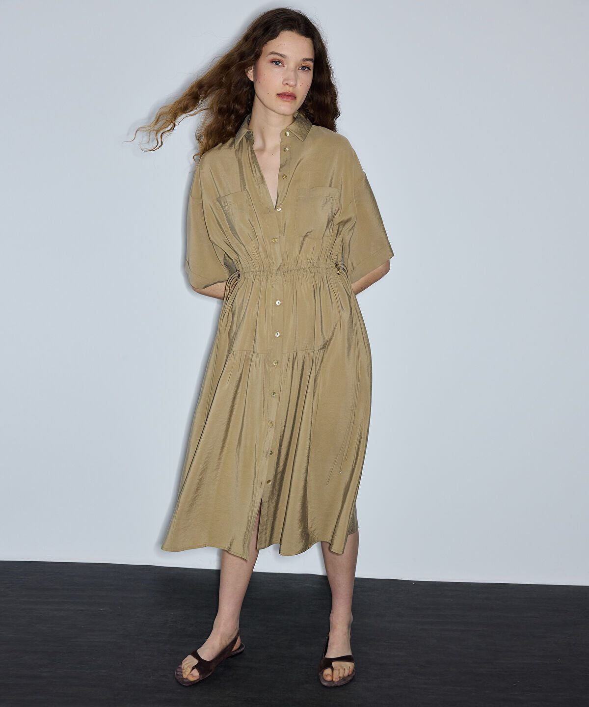Adjustable Cinch-Waist Shirt Dress