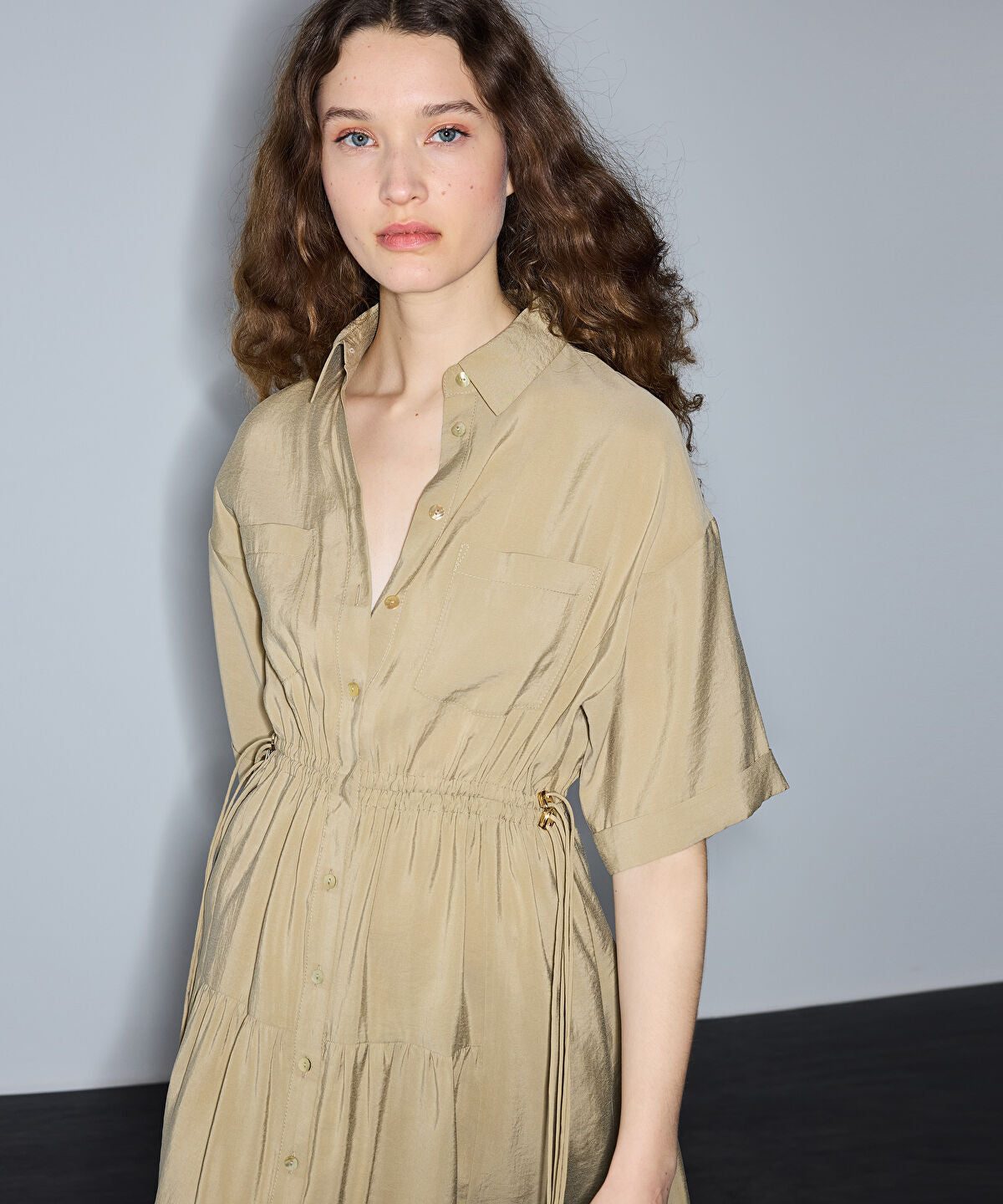 Adjustable Cinch-Waist Shirt Dress