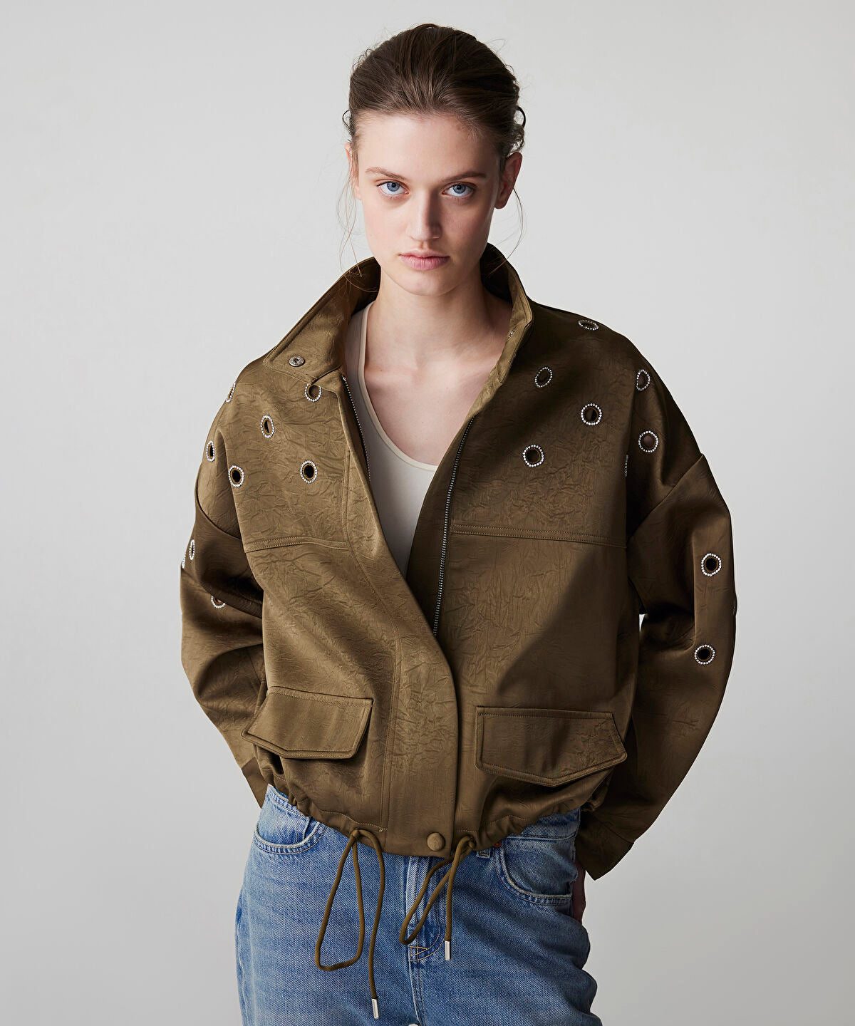 Embellished Crinkle-Effect Coat