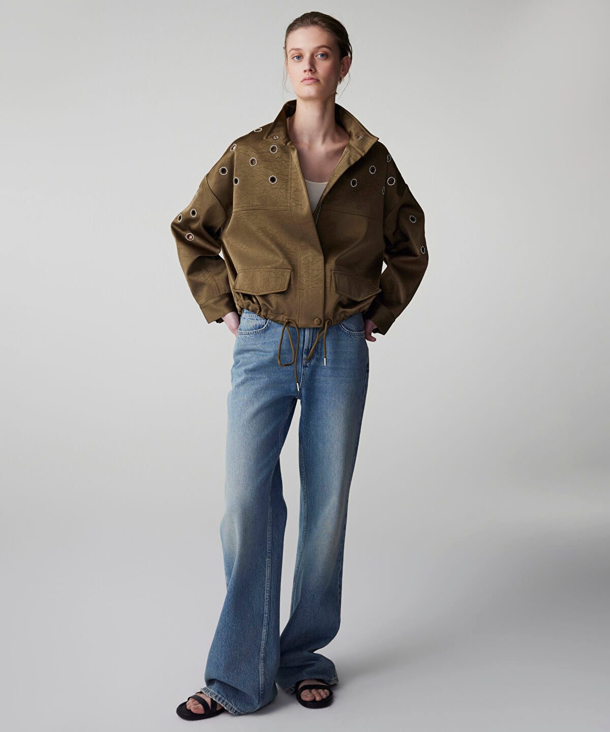Embellished Crinkle-Effect Coat