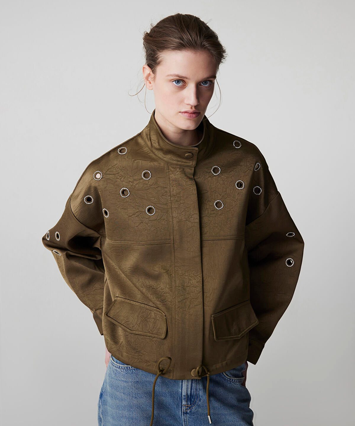 Embellished Crinkle-Effect Coat