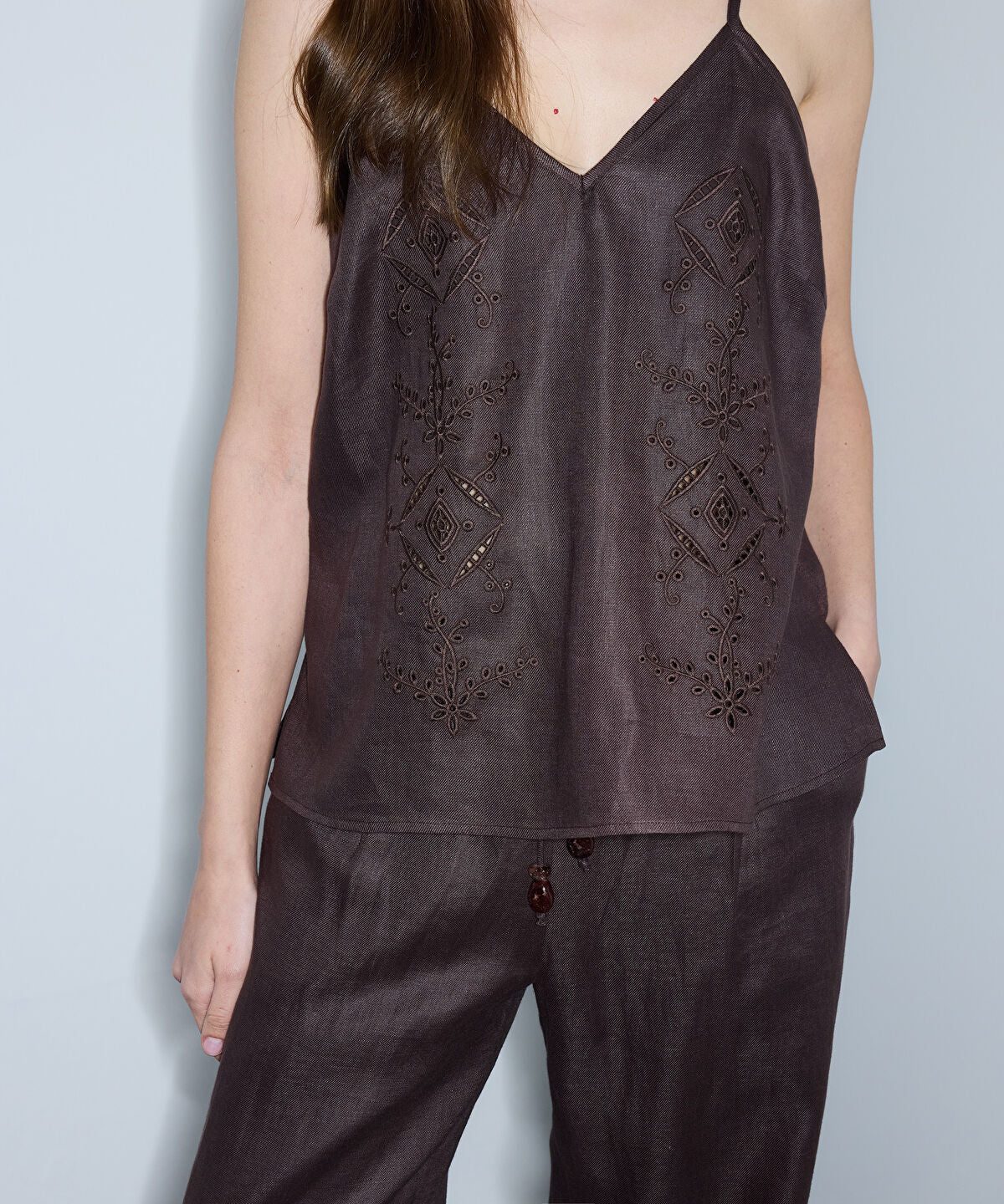 Embroidered V-Neck Linen Blouse