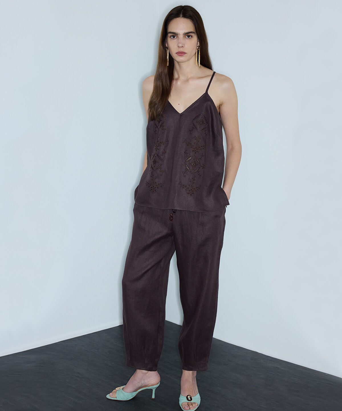 Embroidered V-Neck Linen Blouse