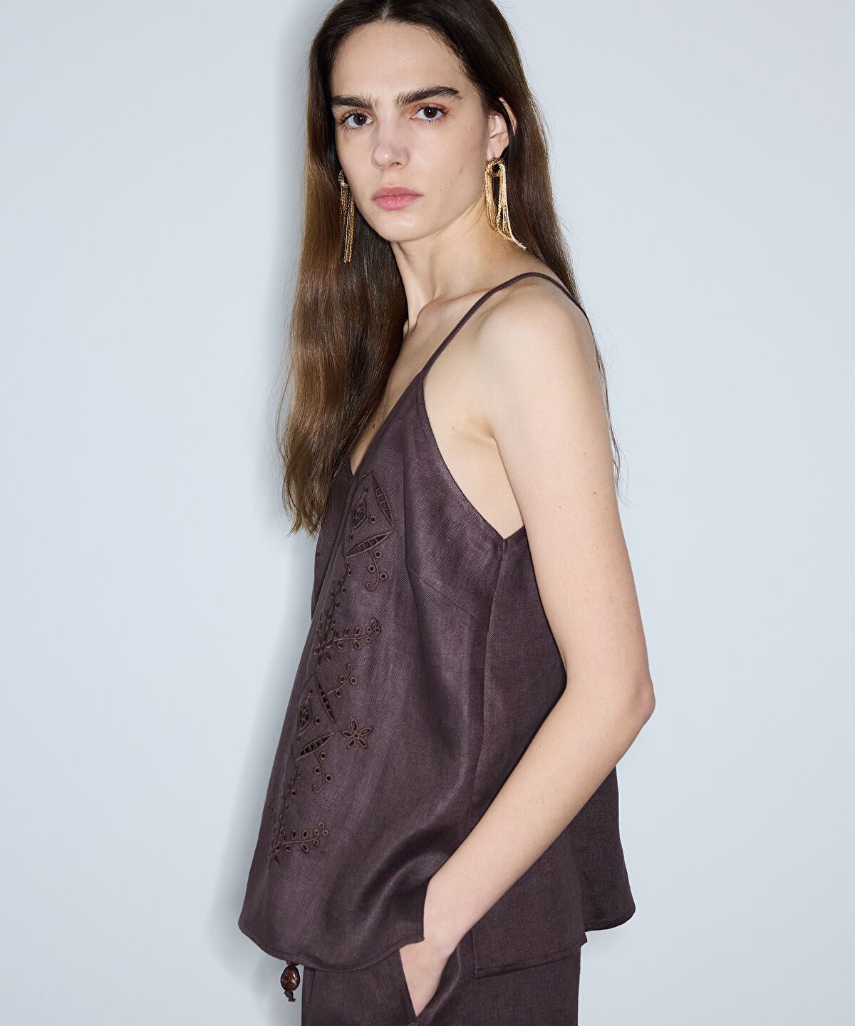 Embroidered V-Neck Linen Blouse
