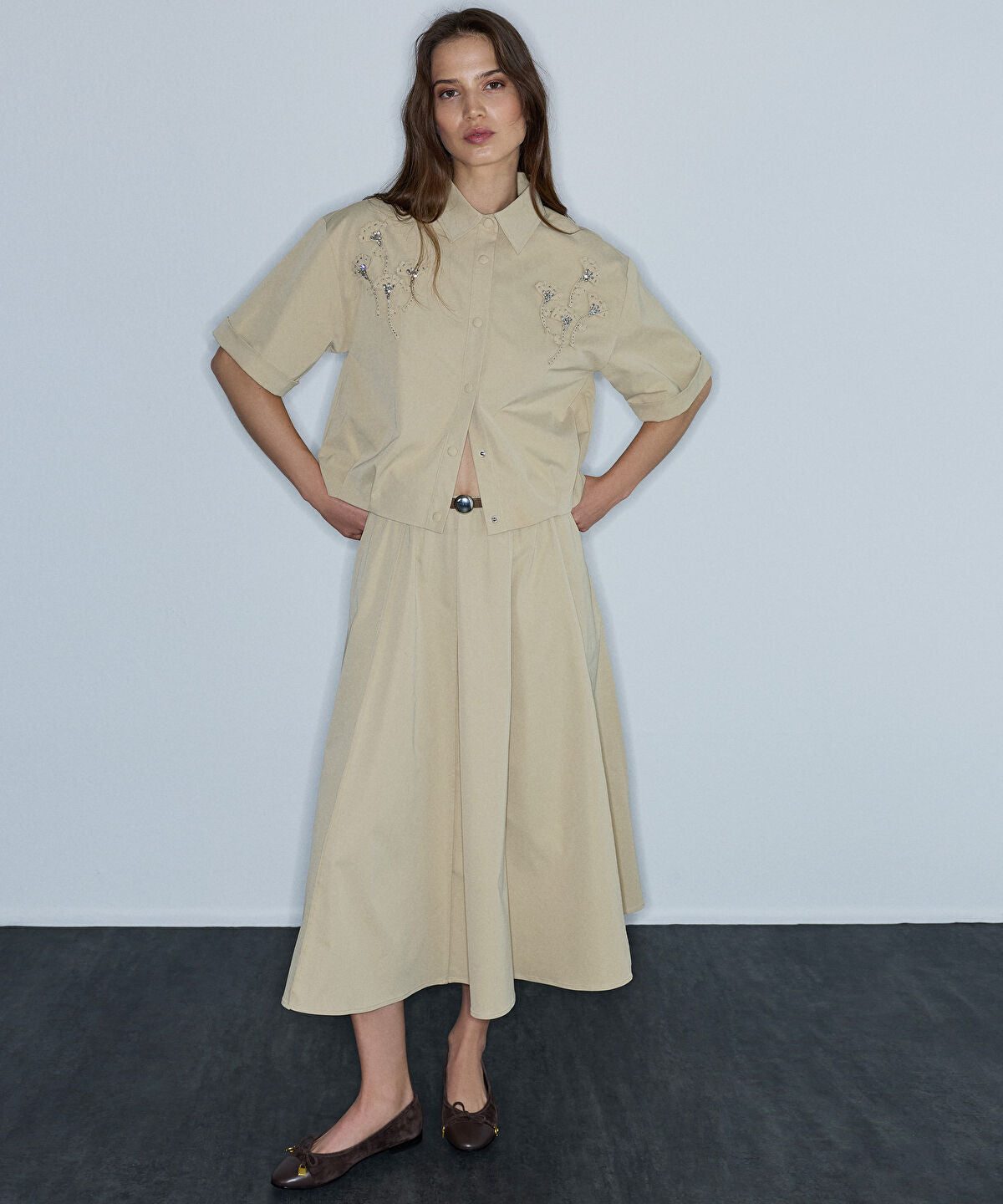 Faux-Leather Belted Midi Skirt