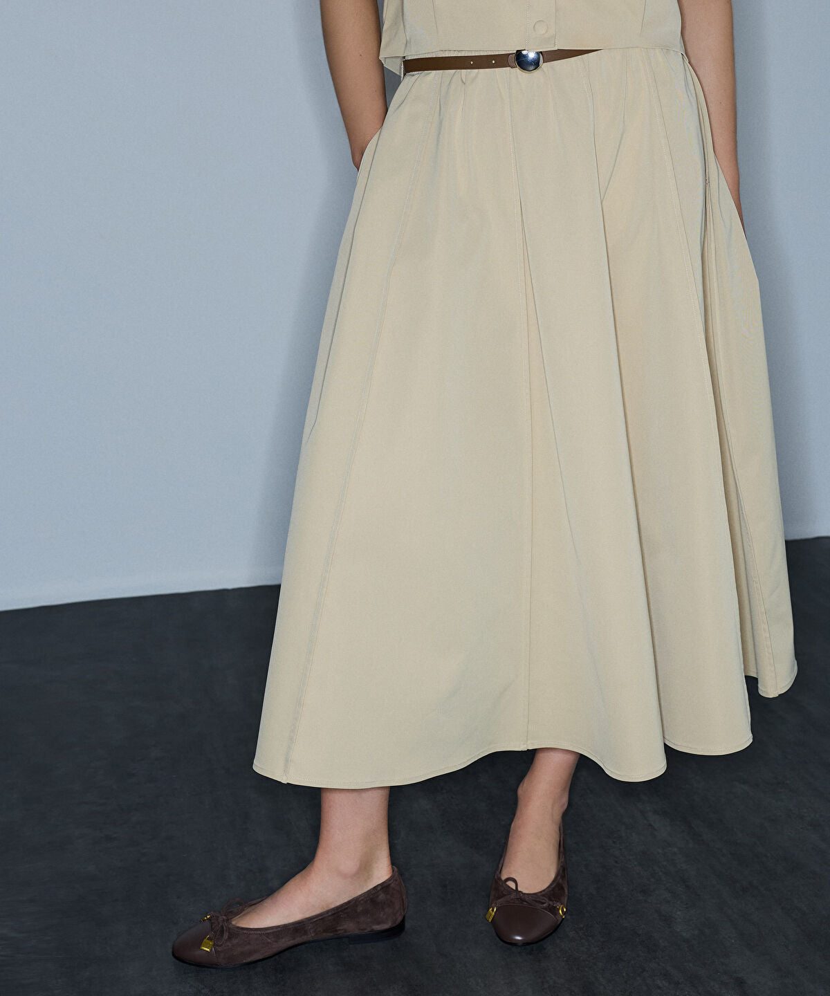 Faux-Leather Belted Midi Skirt