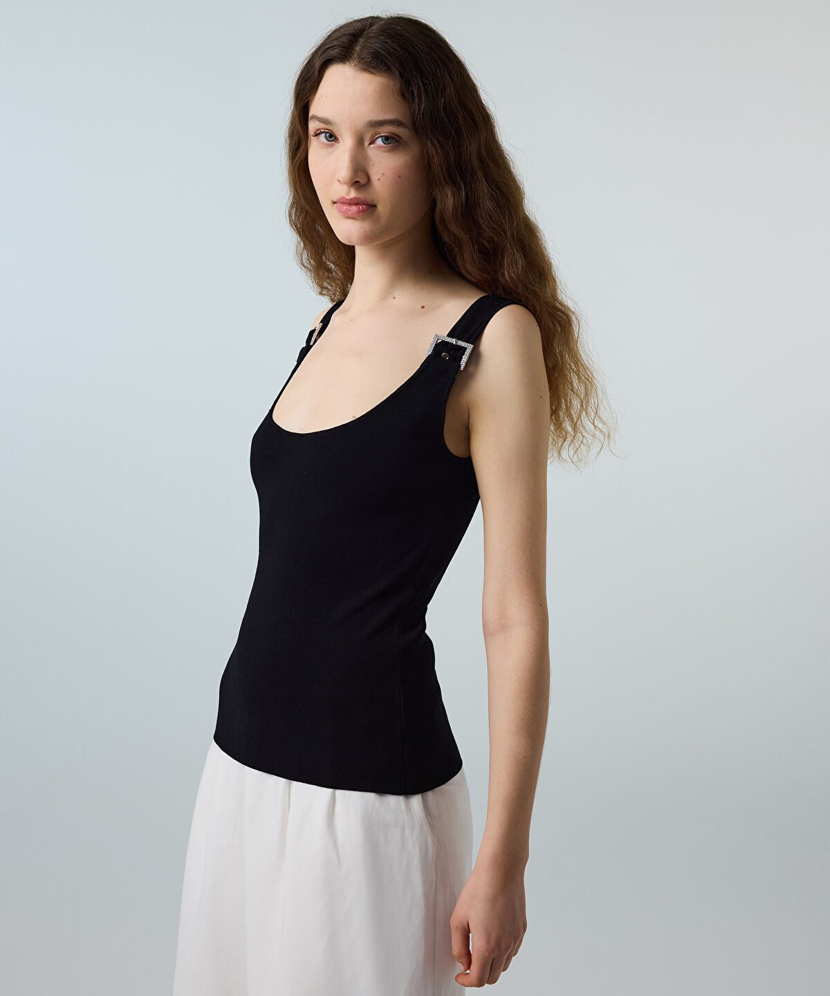Knit Top with Rhinestone Buckles