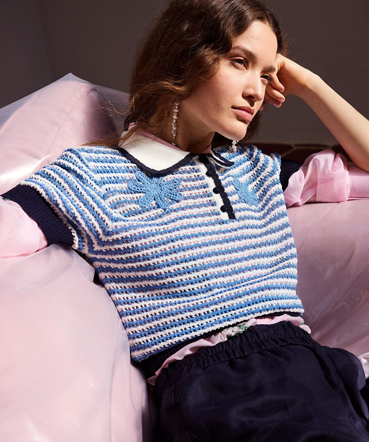 Openwork Knit Top with Crochet Applique