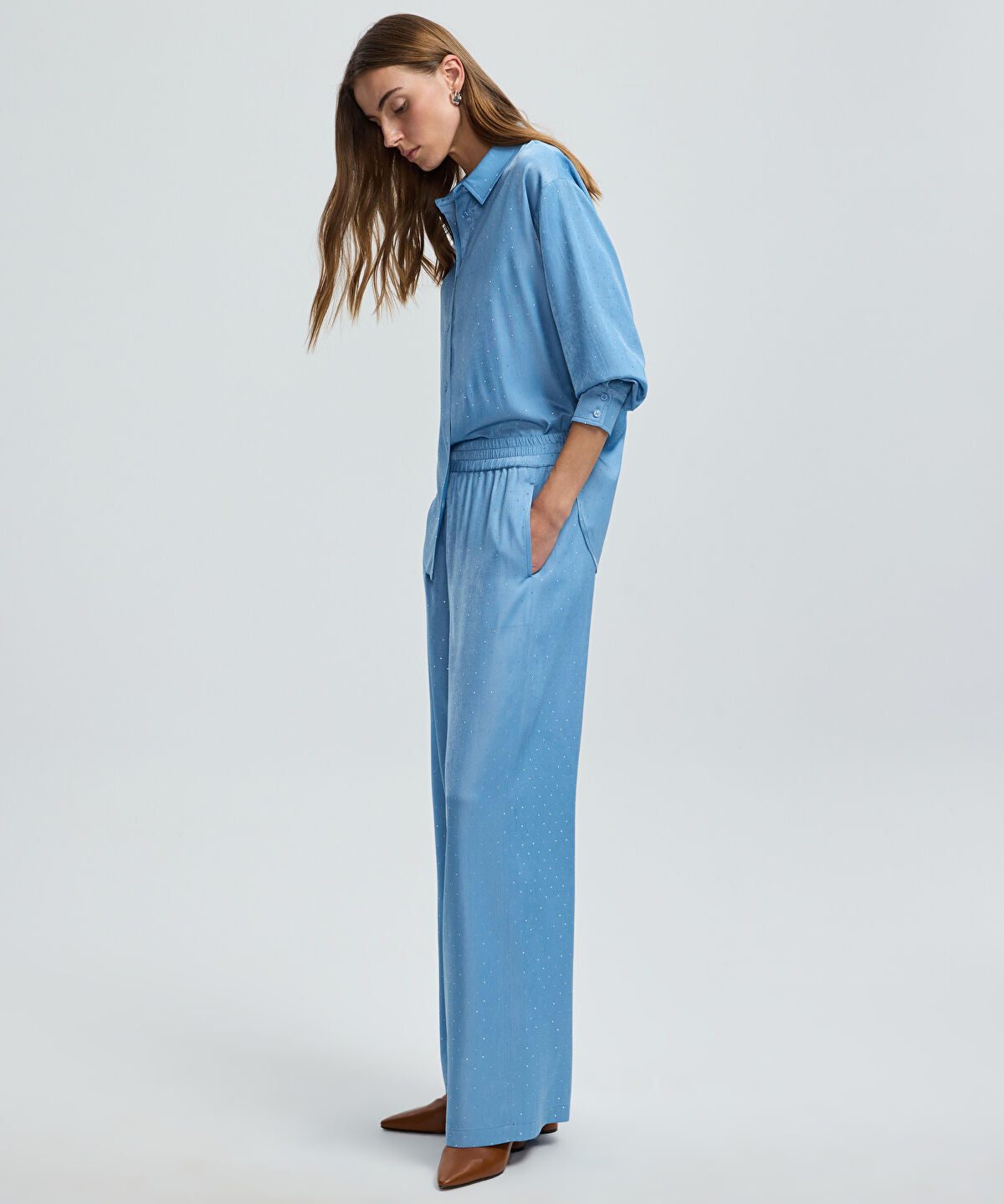 Rhinestone Embellished Wide-Leg Trousers