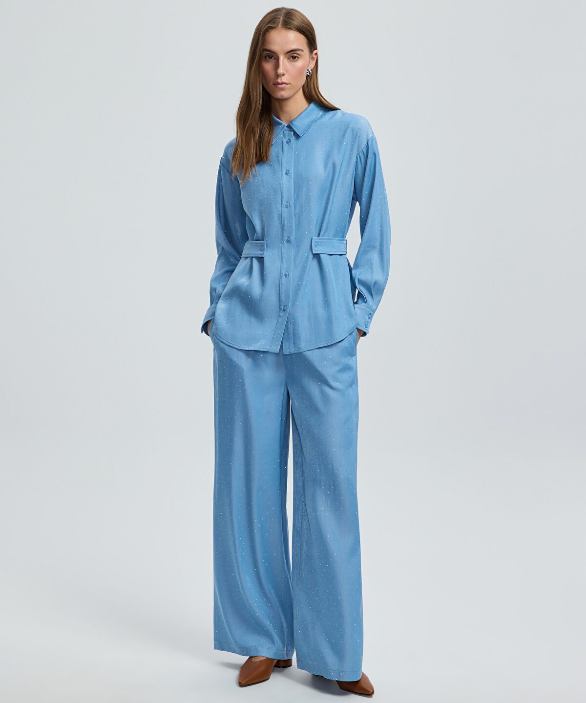 Rhinestone Embellished Wide-Leg Trousers