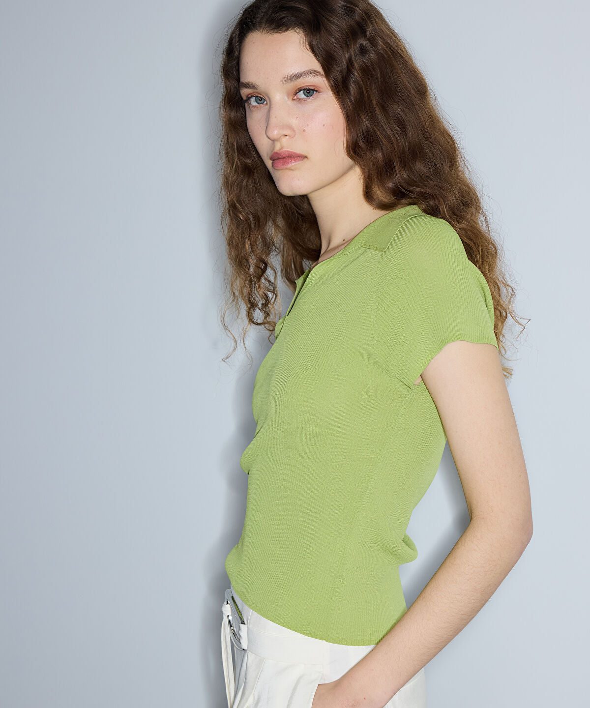 Ribbed Polo Knit Top