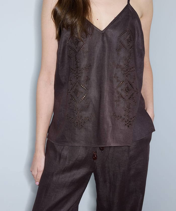 Embroidered V-Neck Linen Blouse