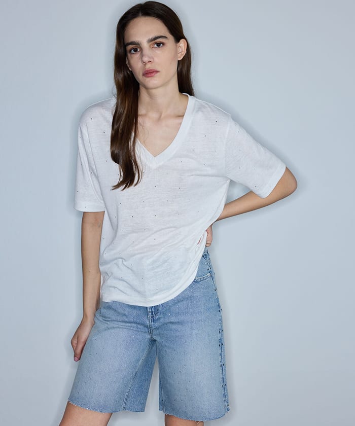 Rhinestone V-Neck T-Shirt